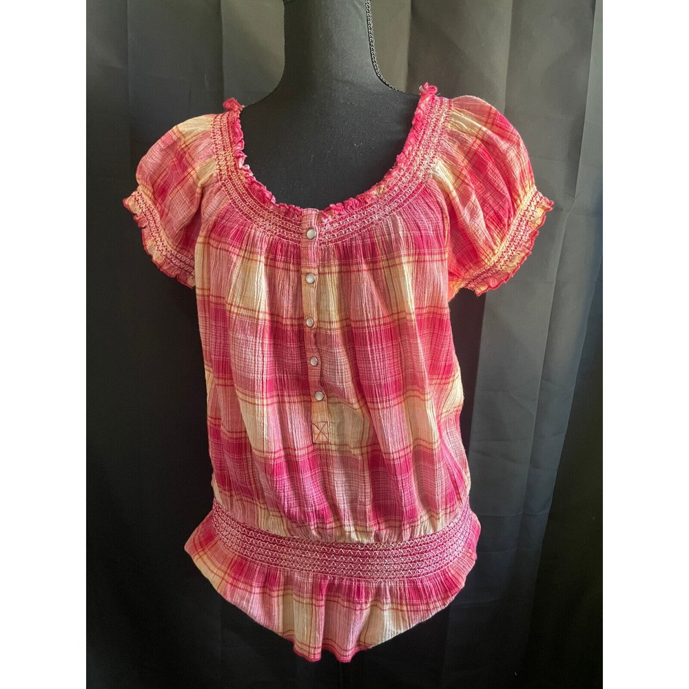 BANDO LIND Women's M Plaid Peasant Blouse Pearl Button Cottagecore‎ Boho Top